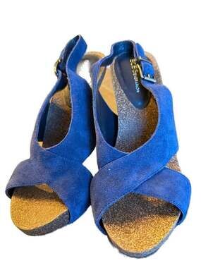 BCBGeneration Greer Blue Suede Open Toe Criss Cross Strap Slingback Heels